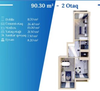 Yeni tikili, 2 otaqli, 91 m²