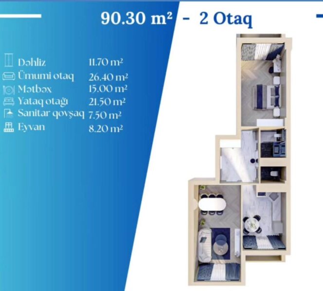 Yeni tikili, 2 otaqli, 91 m²